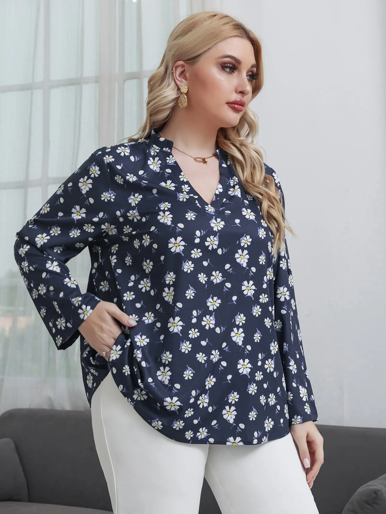 All Over Print Long Sleeve Notched Regular Plus Size Blouse