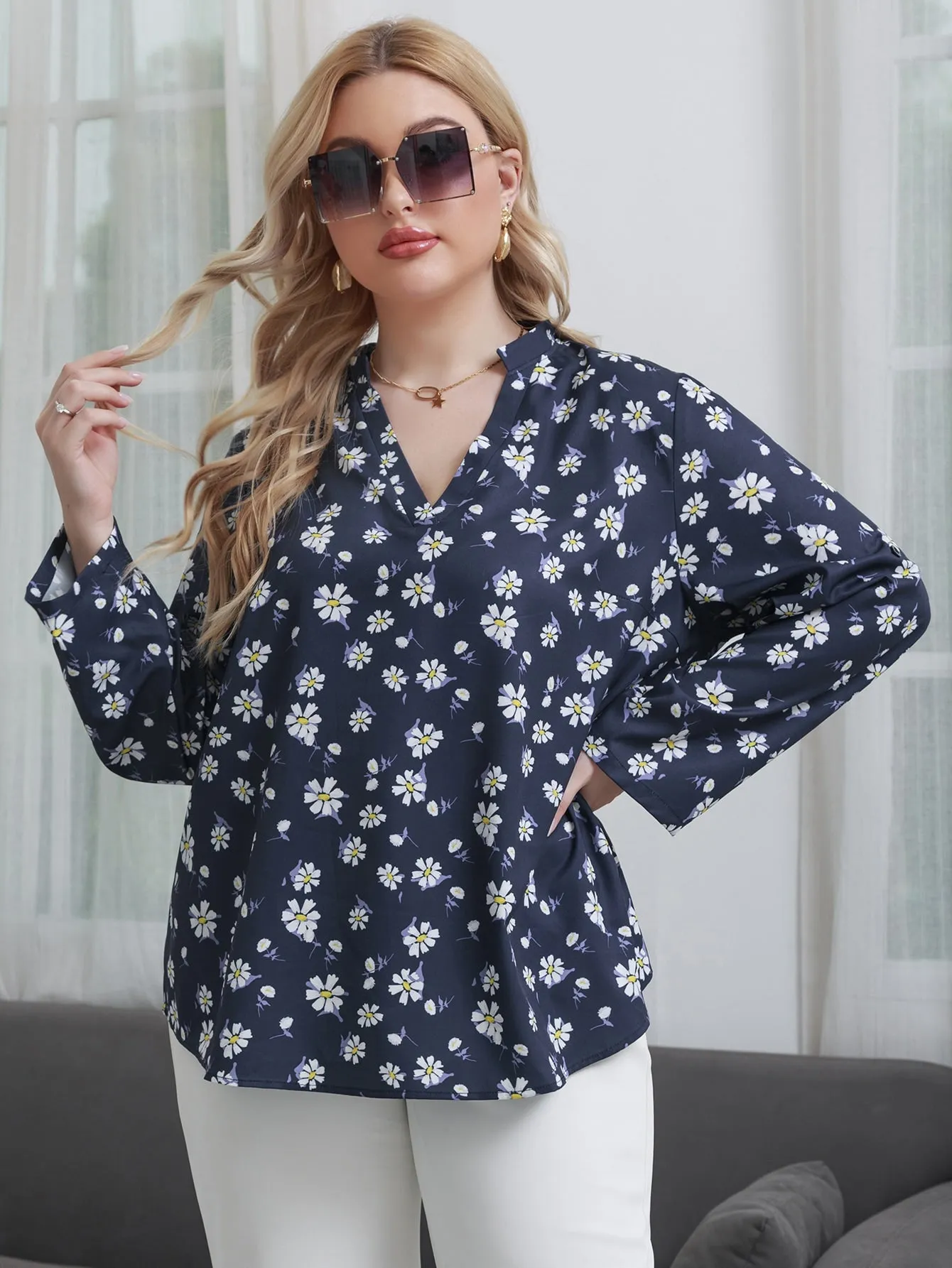 All Over Print Long Sleeve Notched Regular Plus Size Blouse