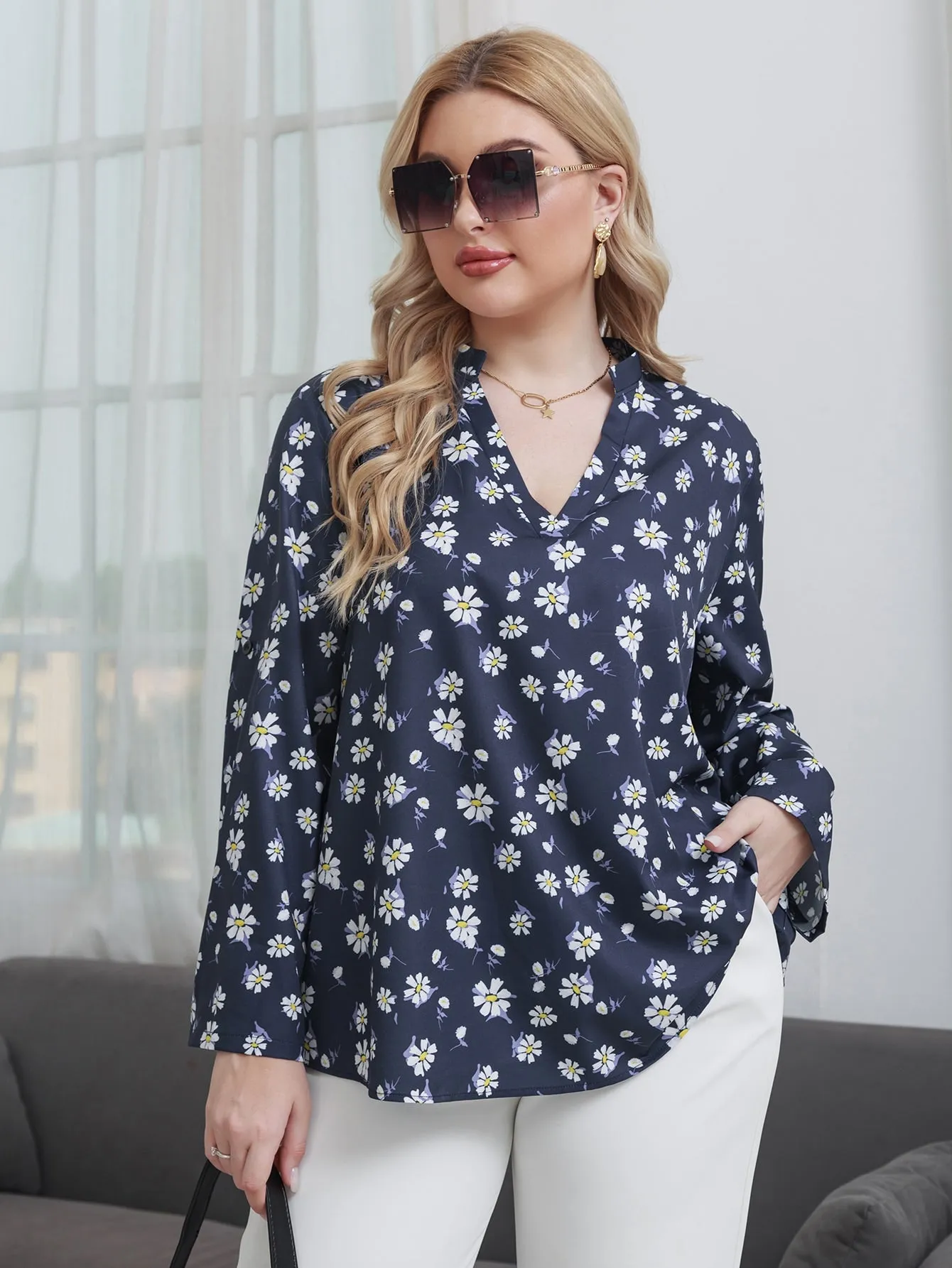 All Over Print Long Sleeve Notched Regular Plus Size Blouse