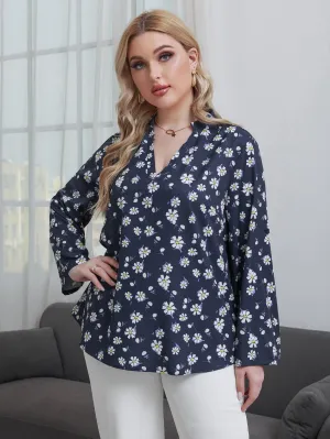 All Over Print Long Sleeve Notched Regular Plus Size Blouse