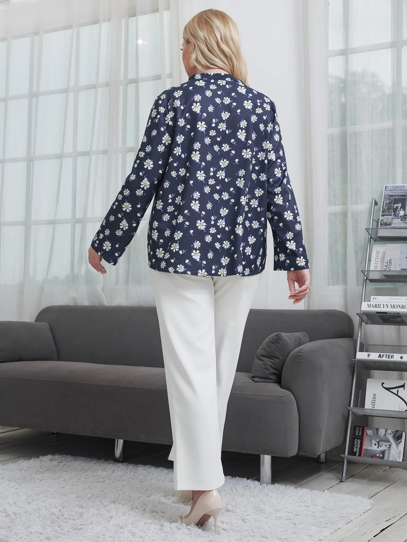 All Over Print Long Sleeve Notched Regular Plus Size Blouse