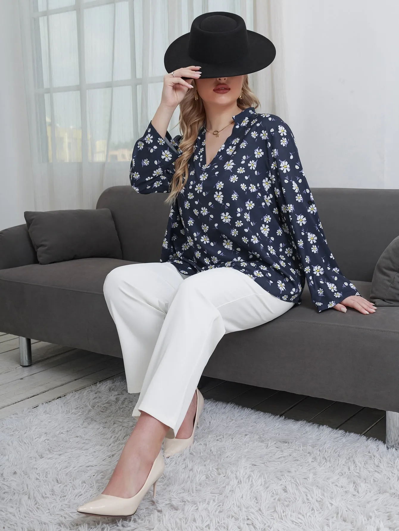 All Over Print Long Sleeve Notched Regular Plus Size Blouse
