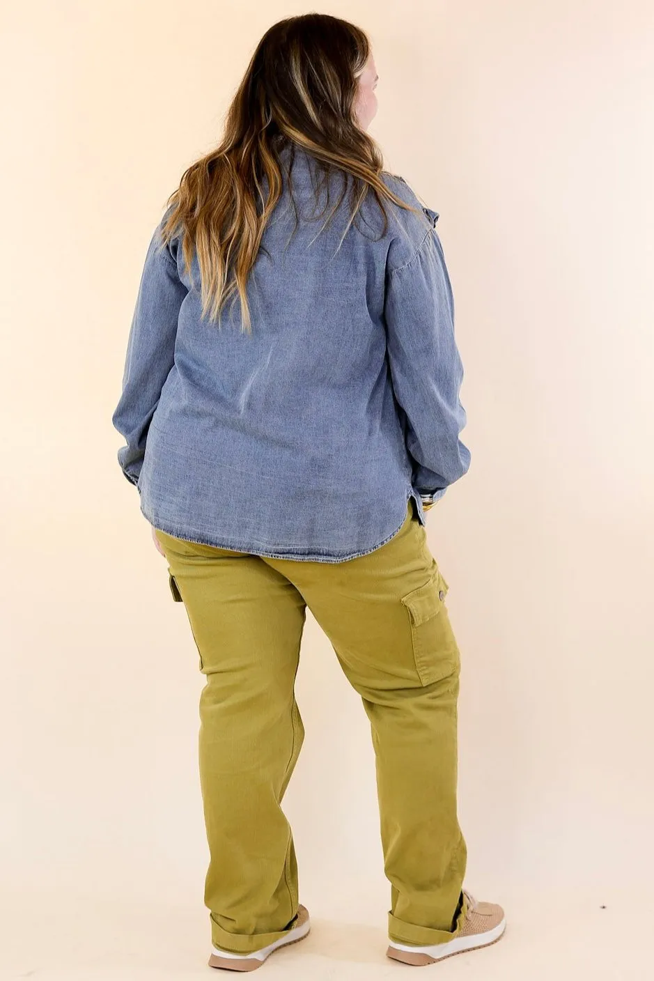 Attention To Detail Button Up Collared Denim Top with Ruffle Detail