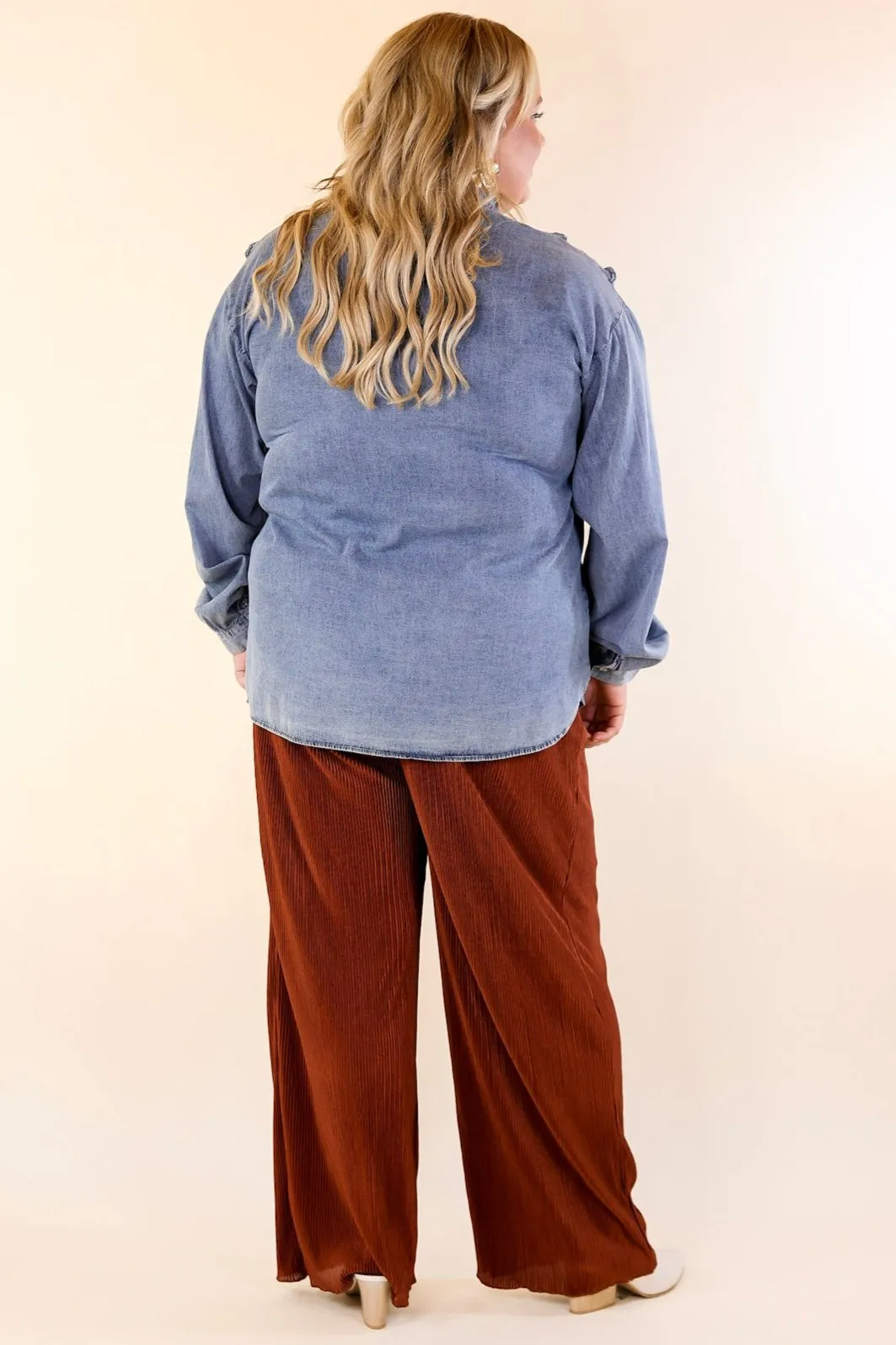 Attention To Detail Button Up Collared Denim Top with Ruffle Detail
