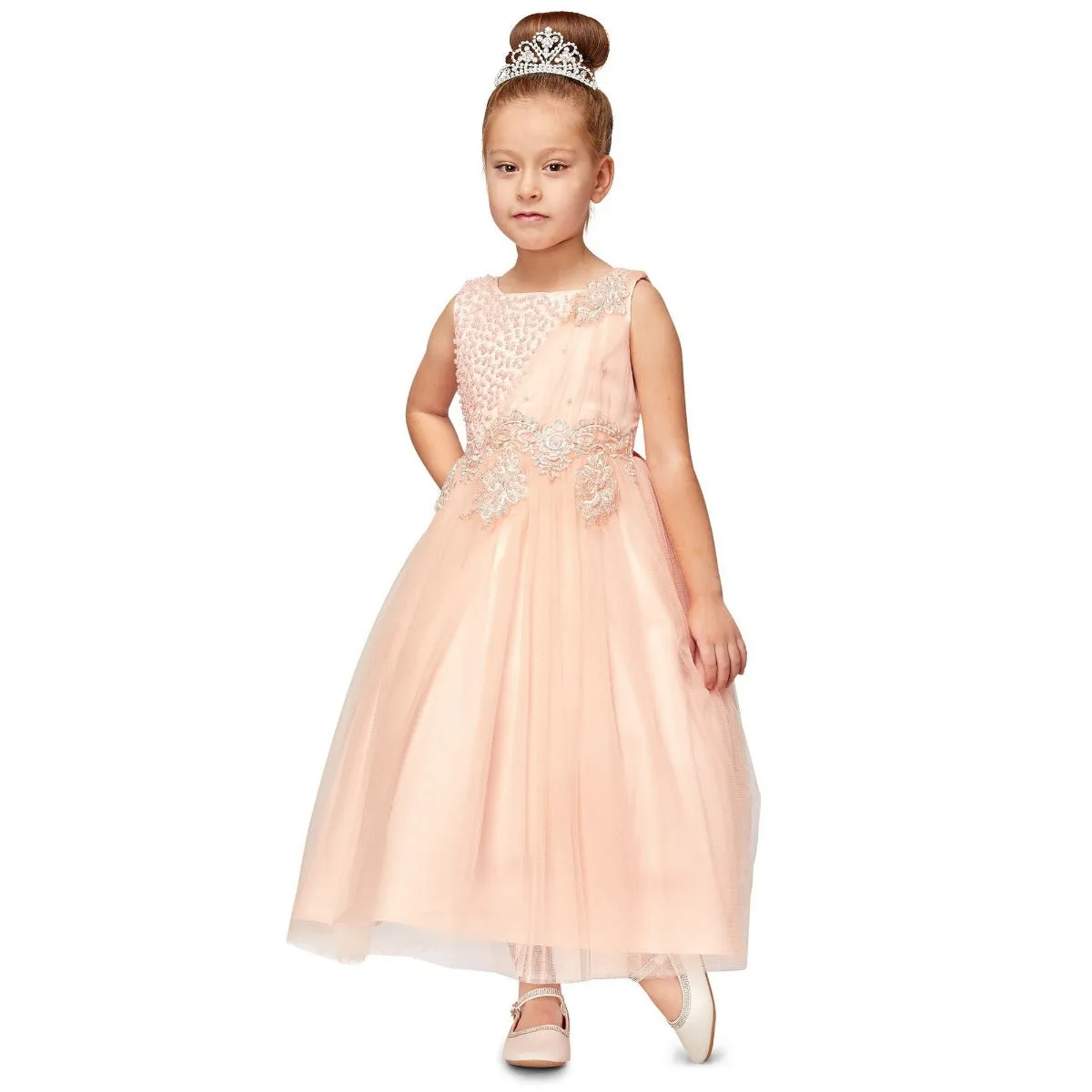 Big Girls Blush Pearl Bead Coiled Lace Satin Tulle Junior Bridesmaid Dress 8-16