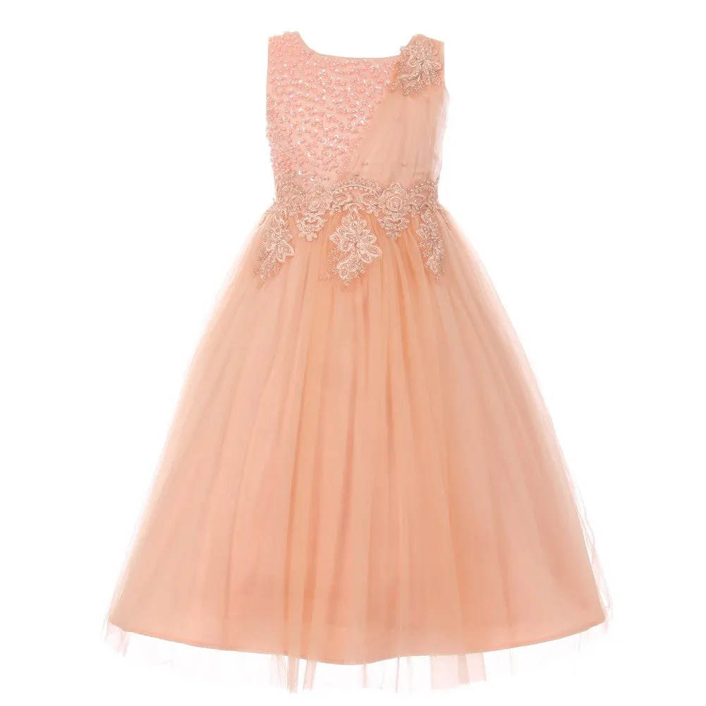 Big Girls Blush Pearl Bead Coiled Lace Satin Tulle Junior Bridesmaid Dress 8-16