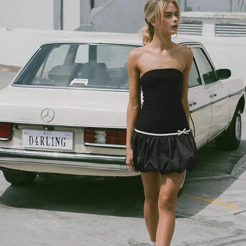 Black Puff Strapless Mini Dress