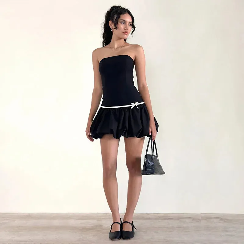 Black Puff Strapless Mini Dress