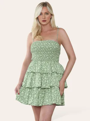 Boho Lovely Spaghetti Strap Floral Print Thin Waist Layered Mini Dress