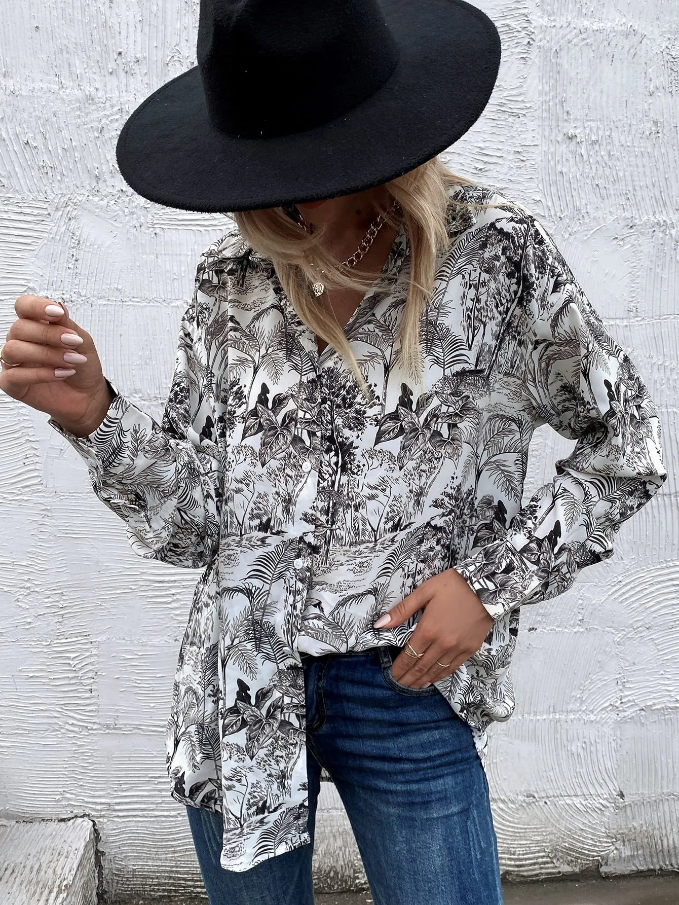 Casual Tropical Button Front Long Sleeve Collar Long Blouse