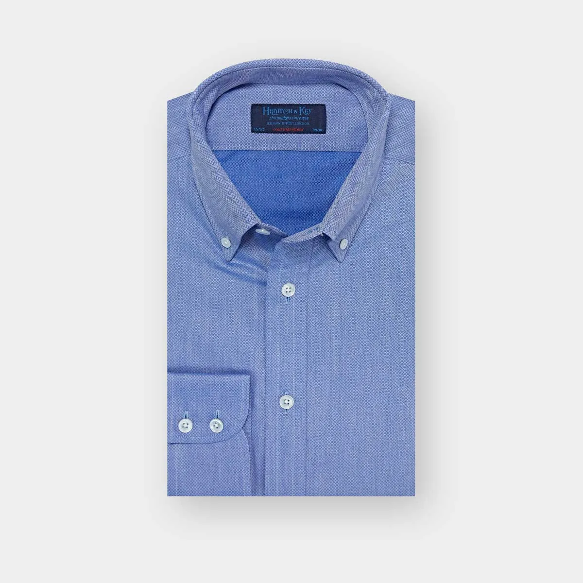 Contemporary Fit, Button Down Collar, 2 Button Cuff Shirt In Blue With Micro Diamonds