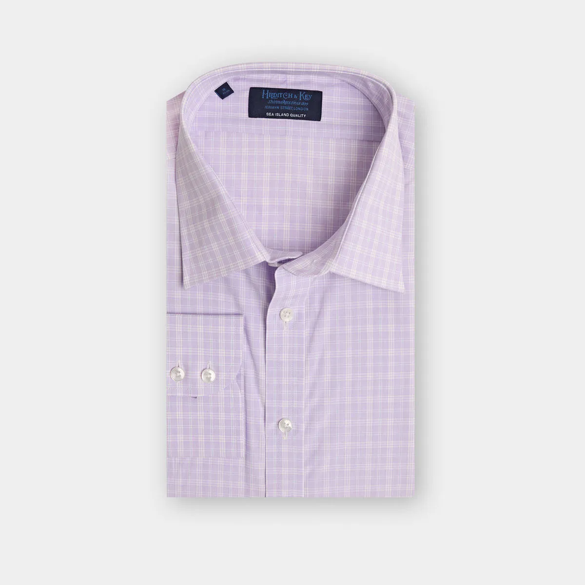 Contemporary Fit, Classic Collar, 2 Button Cuff Shirt in a Lilac, Navy & White Check Sea Island Quality Poplin Cotton