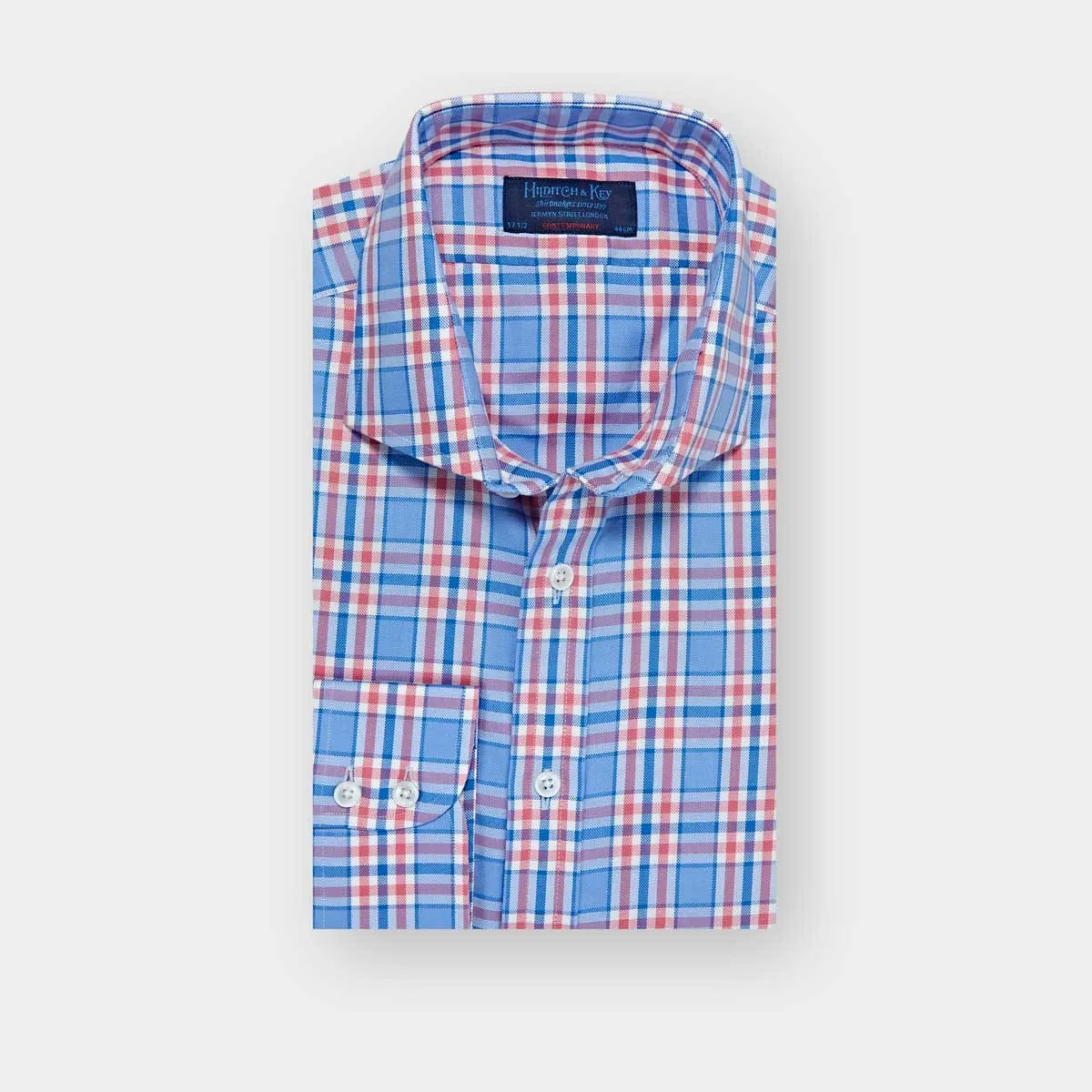 Contemporary Fit, Cut-away Collar, 2 Button Cuff Shirt in a Pink, Blue & White Large Check Oxford Cotton