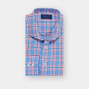 Contemporary Fit, Cut-away Collar, 2 Button Cuff Shirt in a Pink, Blue & White Large Check Oxford Cotton