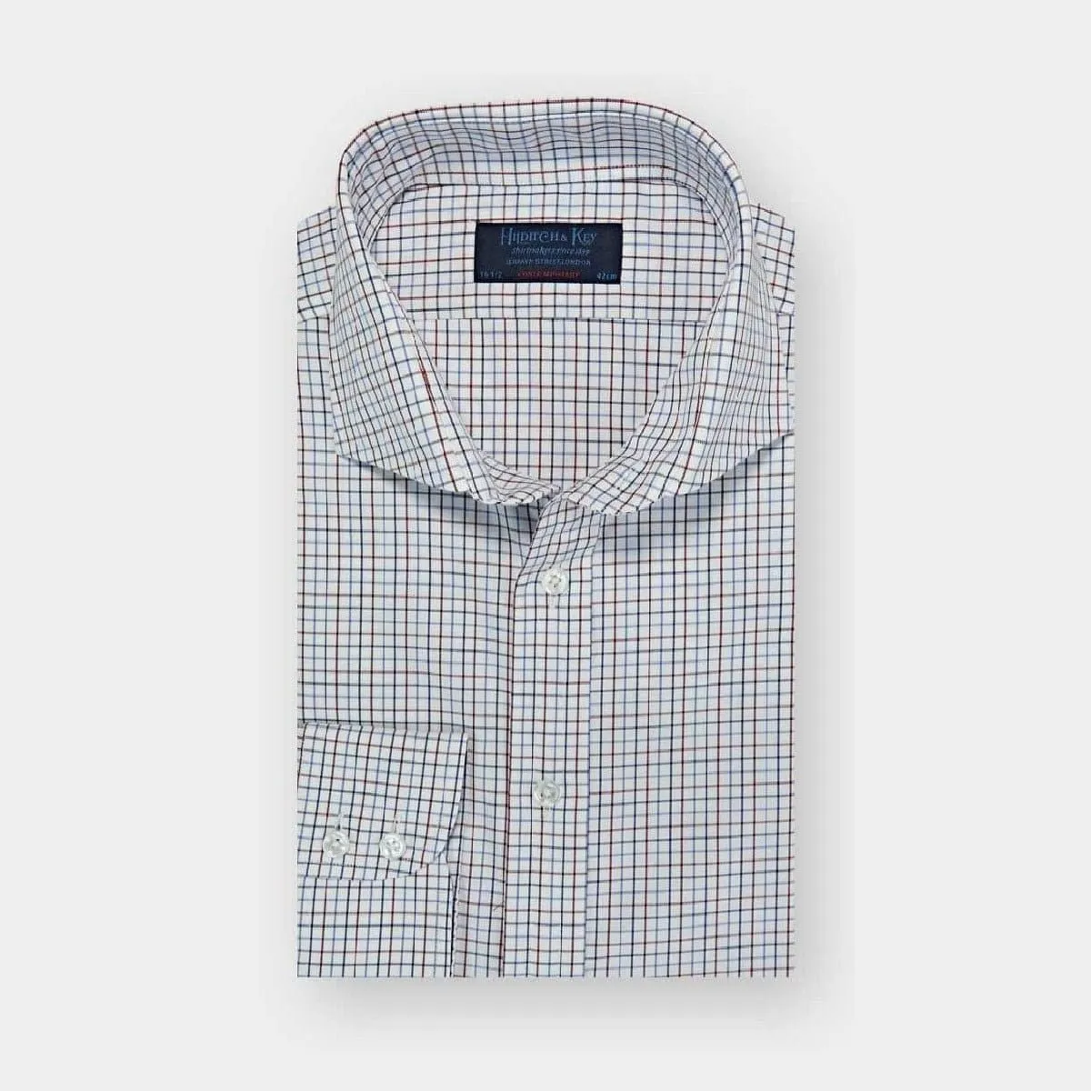 Contemporary Fit White, Red & Navy Twill Check Cotton Shirt with Cut-away Collar & Two Button Cuff