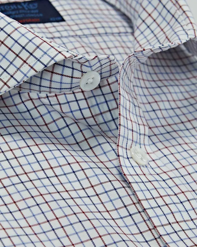Contemporary Fit White, Red & Navy Twill Check Cotton Shirt with Cut-away Collar & Two Button Cuff