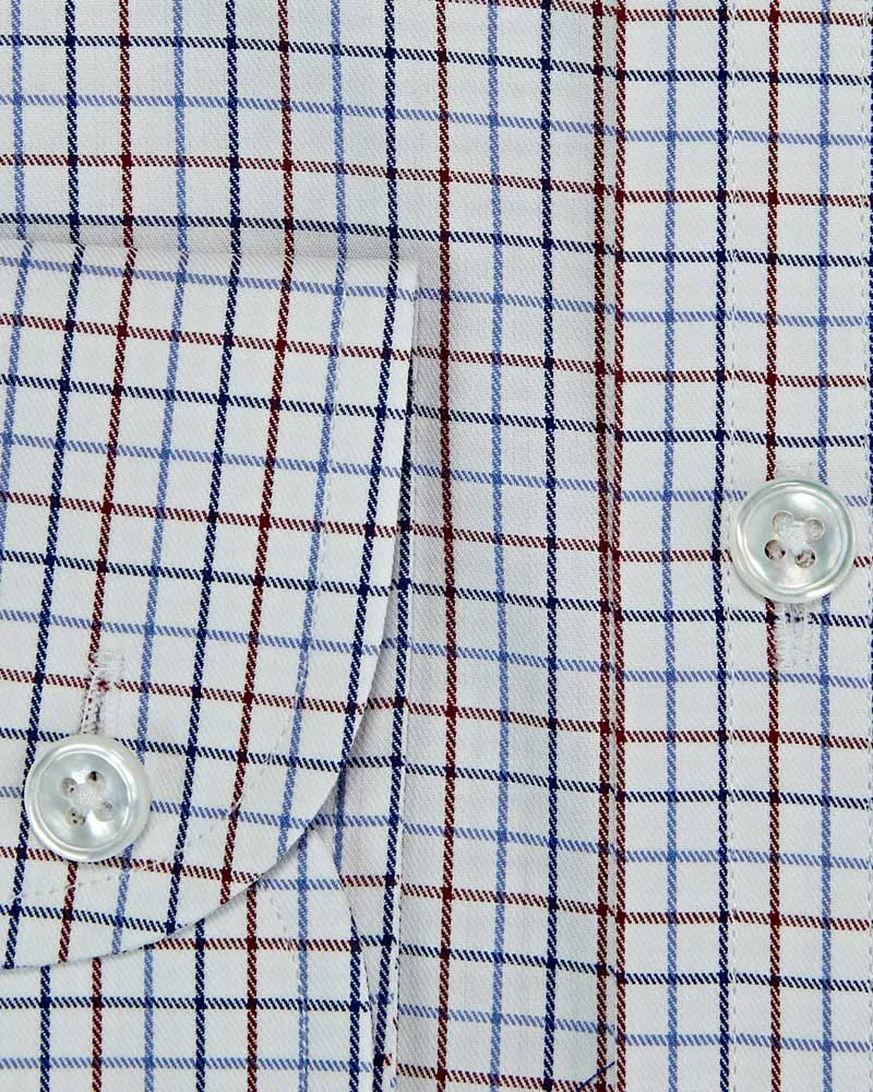 Contemporary Fit White, Red & Navy Twill Check Cotton Shirt with Cut-away Collar & Two Button Cuff