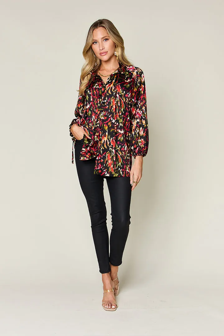 DOUBLE TAKE Full Size Printed Tied Neck Long Sleeve Blouse