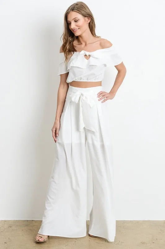 Elegant Off Shoulder White Ruffle Tie-Up Top