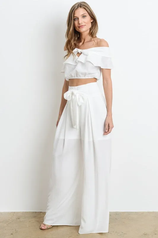Elegant Off Shoulder White Ruffle Tie-Up Top