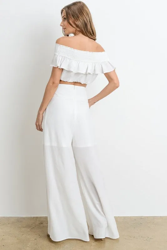 Elegant Off Shoulder White Ruffle Tie-Up Top