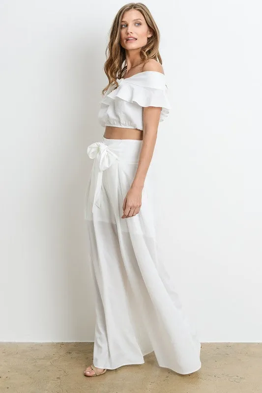 Elegant Off Shoulder White Ruffle Tie-Up Top
