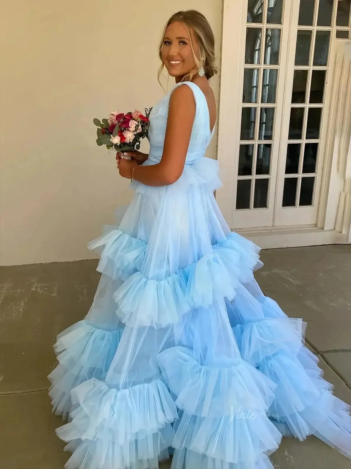 Elegant Tulle Ruffled Prom Dresses 2025 V-Neck Formal Dresses - FD3710
