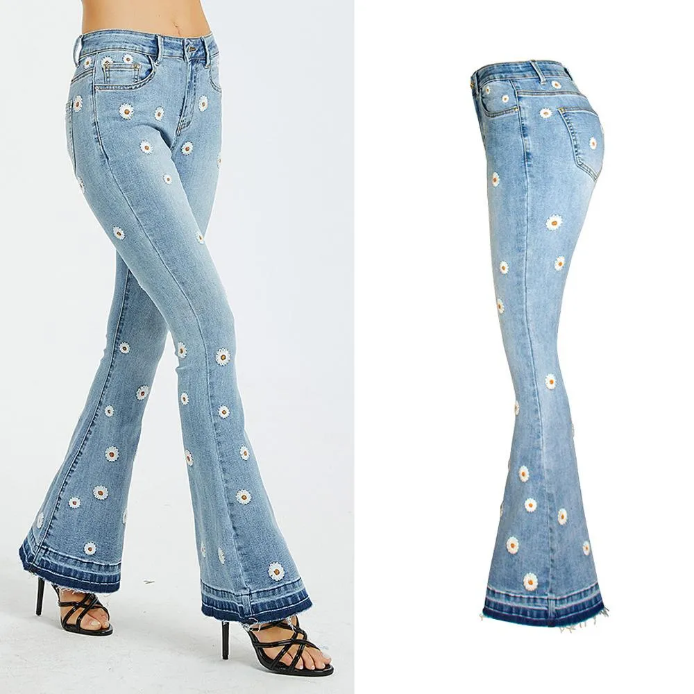 Flare Blue High Waist Embroidery Denim Pants