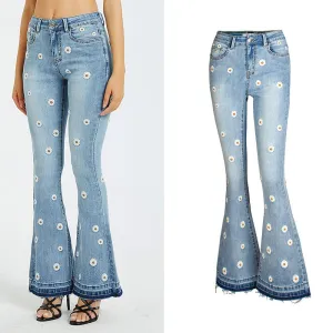 Flare Blue High Waist Embroidery Denim Pants