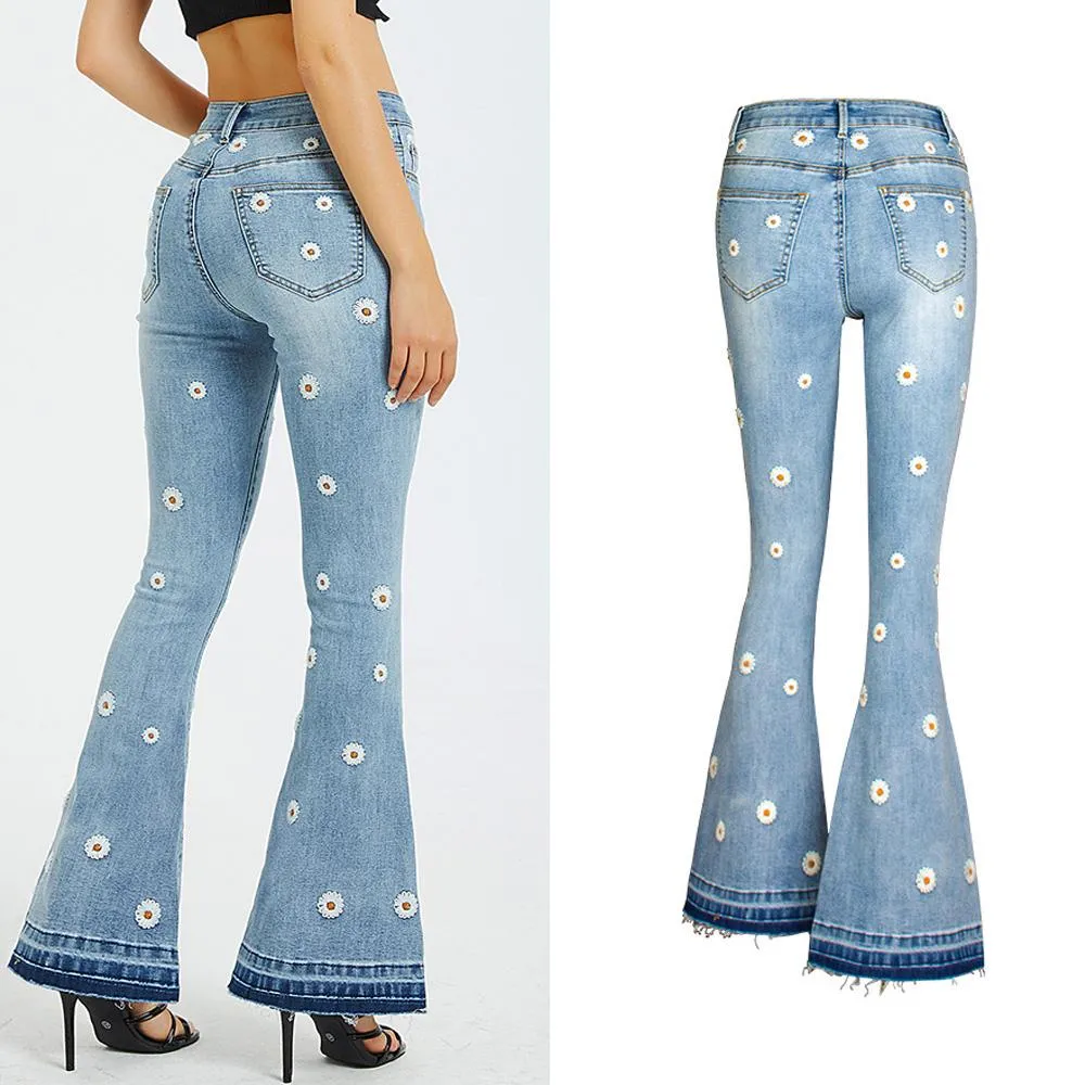 Flare Blue High Waist Embroidery Denim Pants