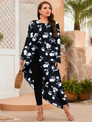 Floral Asymmetrical Long Sleeve Round Neck Asymmetrical Long Plus Size Blouse