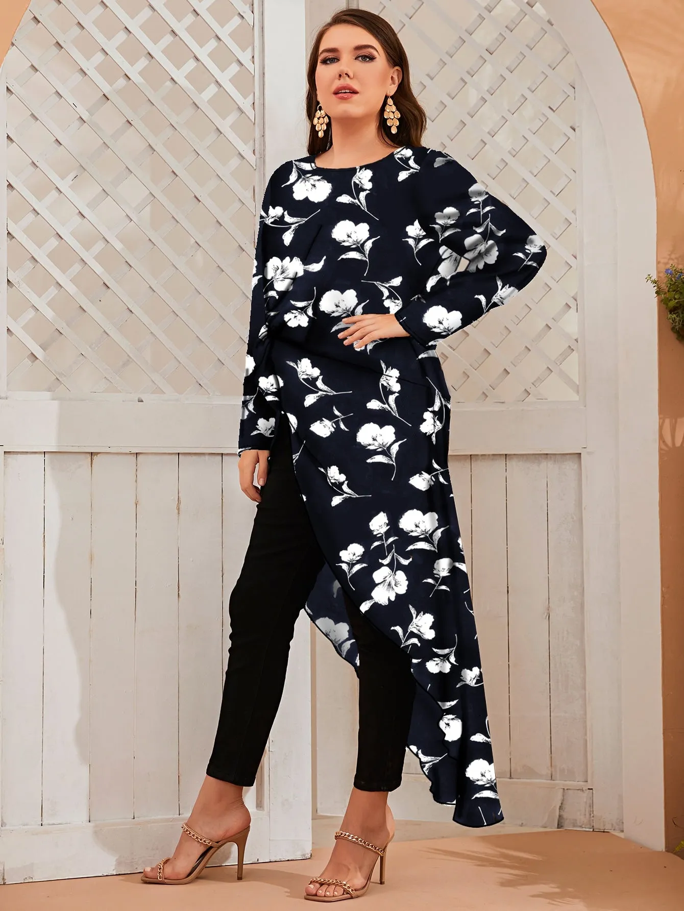 Floral Asymmetrical Long Sleeve Round Neck Asymmetrical Long Plus Size Blouse