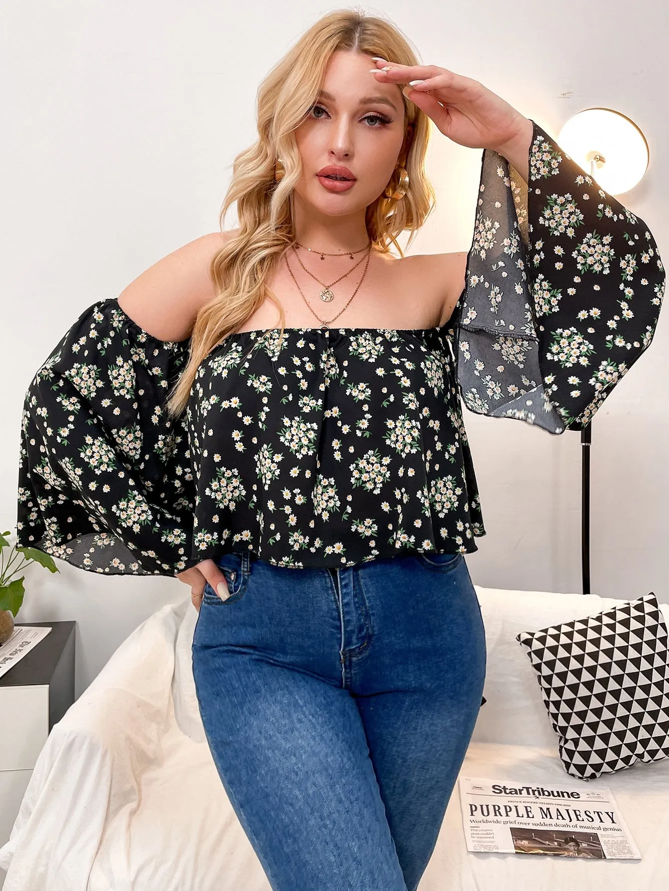 Floral Long Sleeve Off The Shoulder Crop Plus Size Blouse