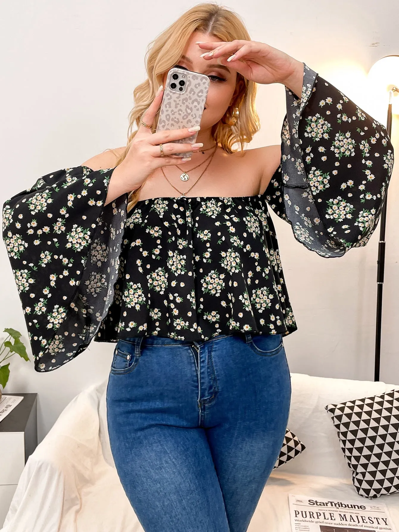 Floral Long Sleeve Off The Shoulder Crop Plus Size Blouse