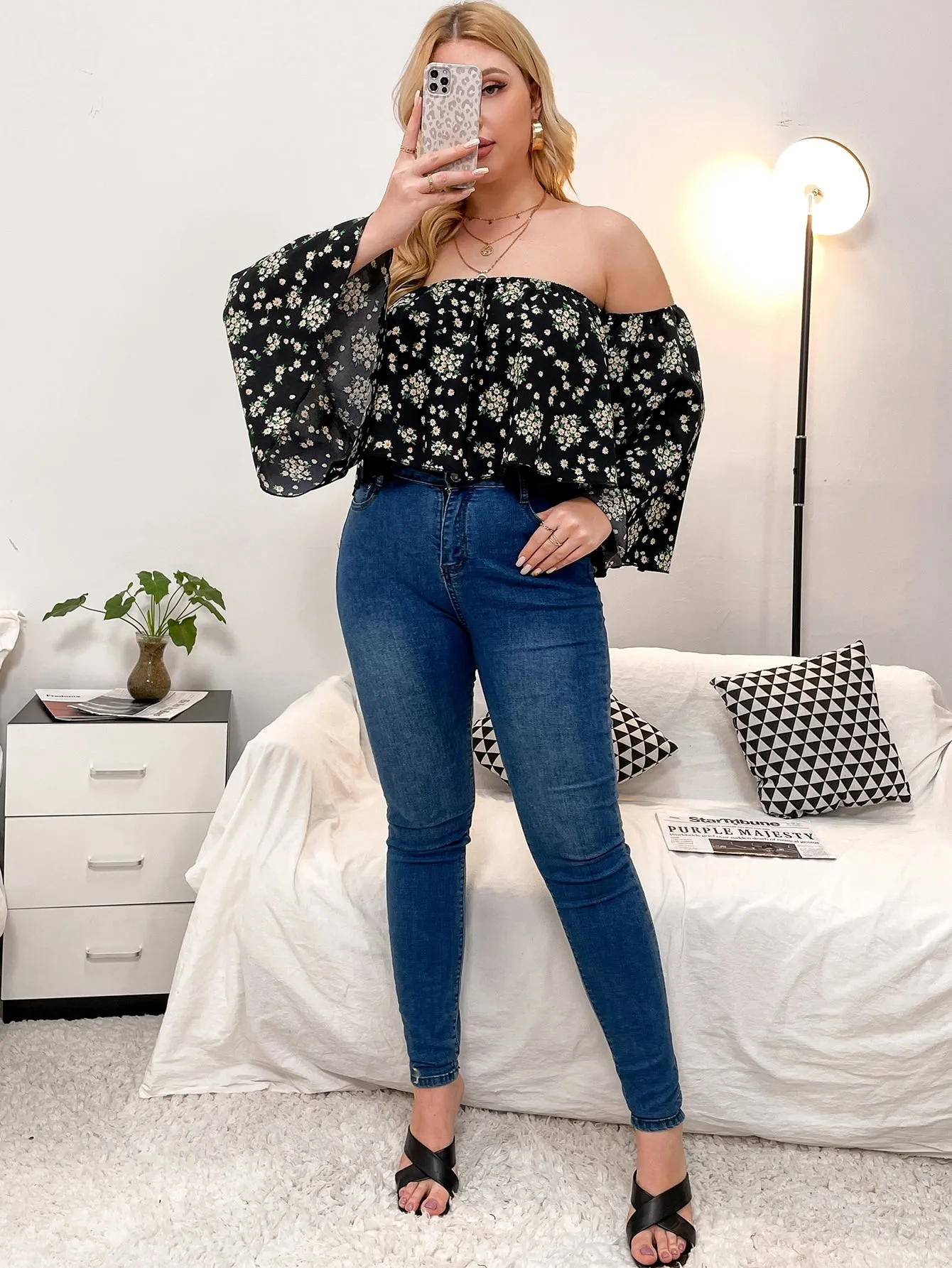 Floral Long Sleeve Off The Shoulder Crop Plus Size Blouse