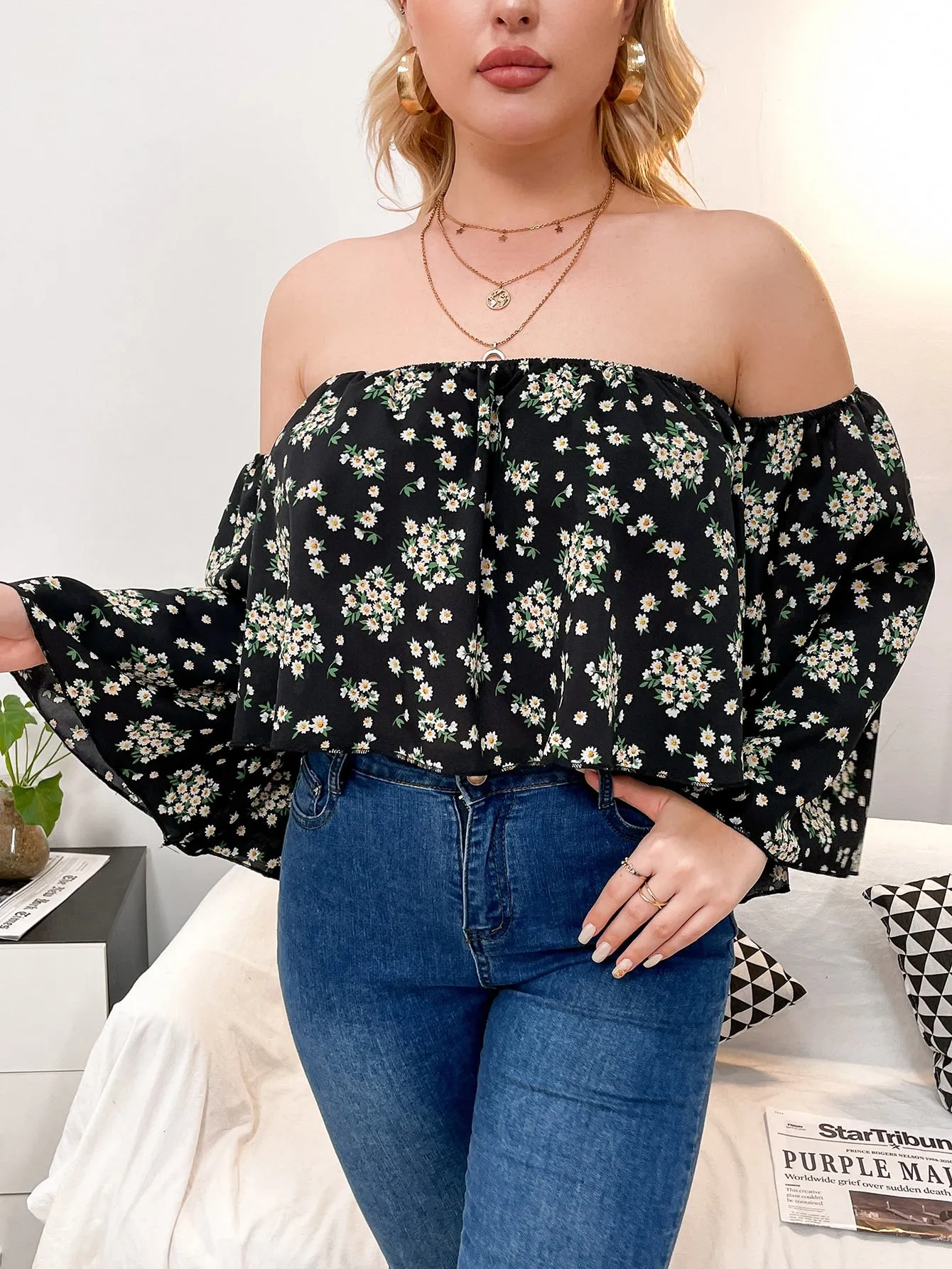 Floral Long Sleeve Off The Shoulder Crop Plus Size Blouse
