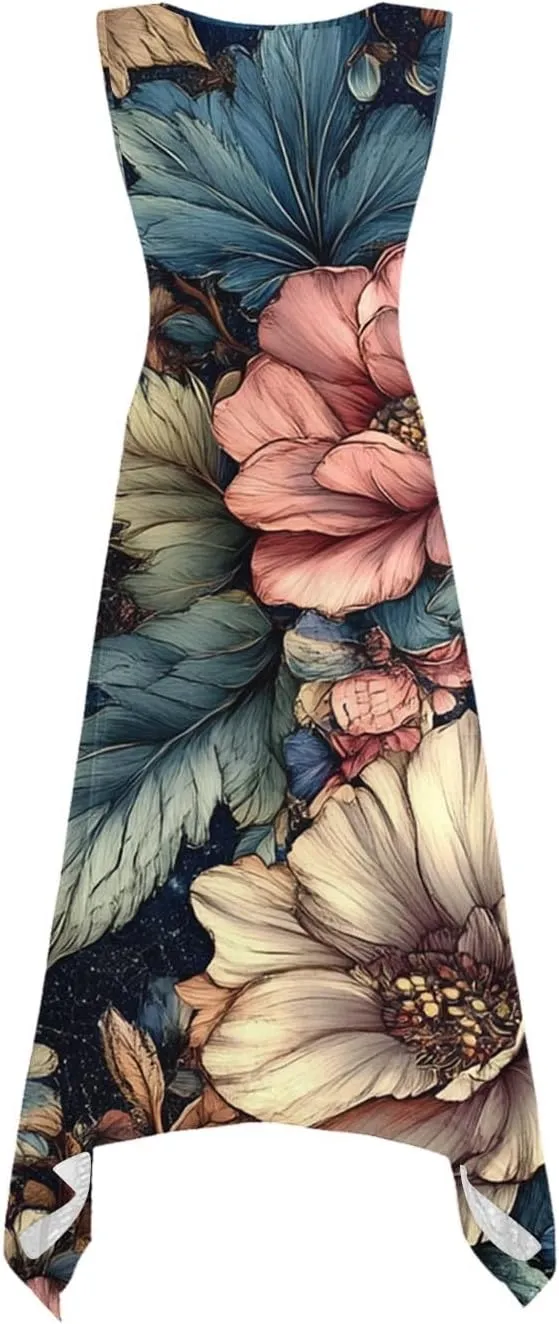 hlysgo Beach Dresses for Women 2025 Trendy Floral Print Handkerchief Hem Beach Sundress Summer A-Line Flowy Boho Mini Dress