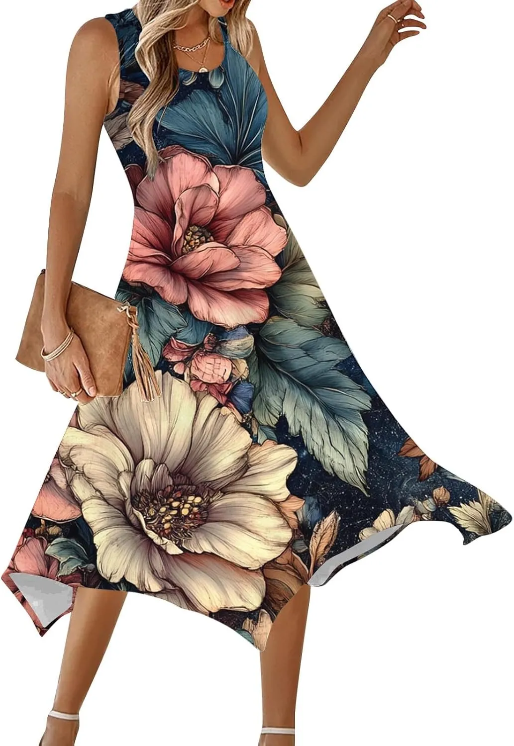 hlysgo Beach Dresses for Women 2025 Trendy Floral Print Handkerchief Hem Beach Sundress Summer A-Line Flowy Boho Mini Dress