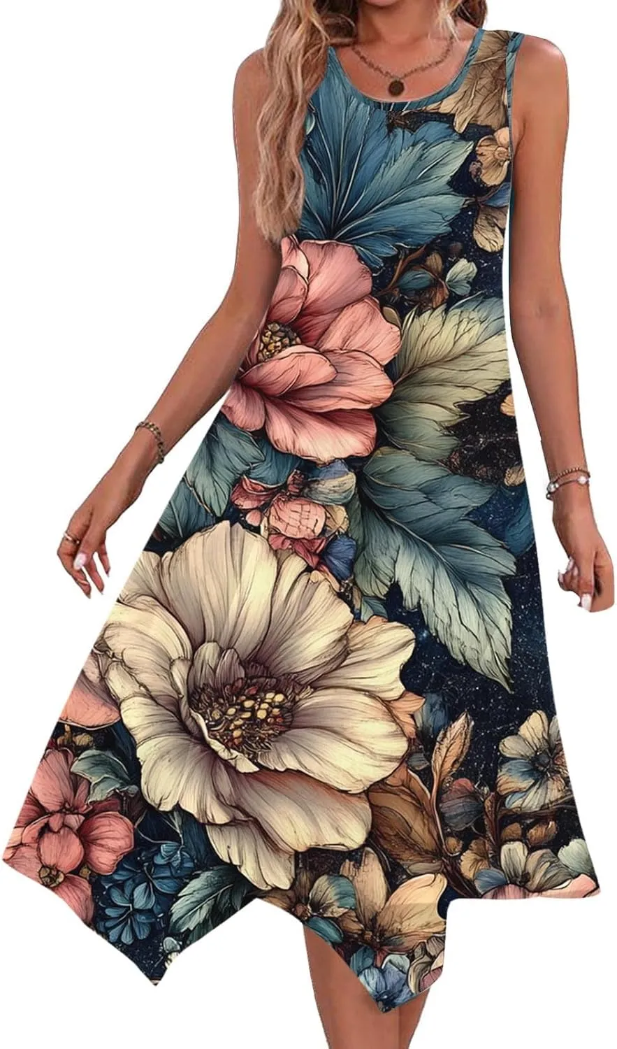 hlysgo Beach Dresses for Women 2025 Trendy Floral Print Handkerchief Hem Beach Sundress Summer A-Line Flowy Boho Mini Dress