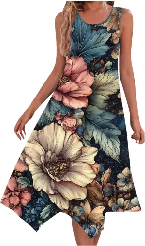 hlysgo Beach Dresses for Women 2025 Trendy Floral Print Handkerchief Hem Beach Sundress Summer A-Line Flowy Boho Mini Dress