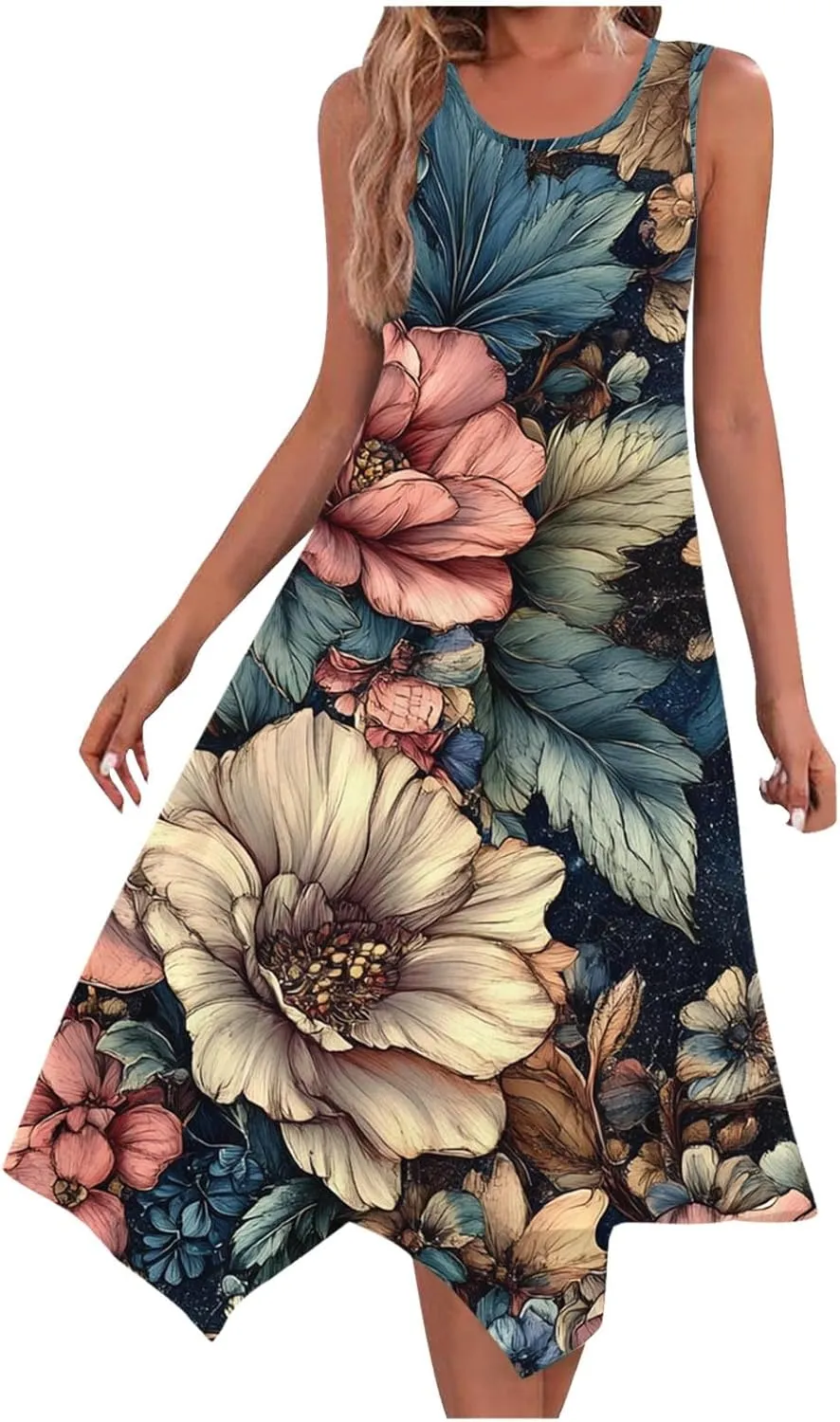 hlysgo Beach Dresses for Women 2025 Trendy Floral Print Handkerchief Hem Beach Sundress Summer A-Line Flowy Boho Mini Dress