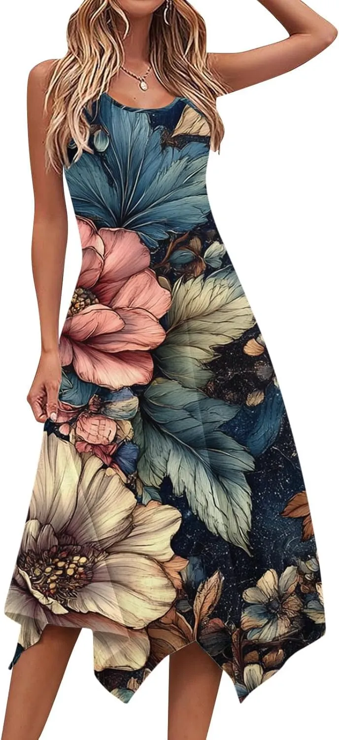 hlysgo Beach Dresses for Women 2025 Trendy Floral Print Handkerchief Hem Beach Sundress Summer A-Line Flowy Boho Mini Dress
