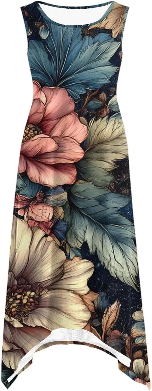hlysgo Beach Dresses for Women 2025 Trendy Floral Print Handkerchief Hem Beach Sundress Summer A-Line Flowy Boho Mini Dress