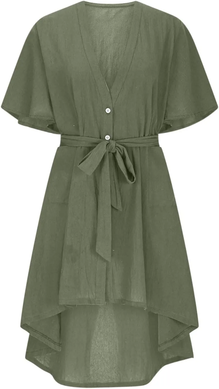 hlysgo Summer Dresses for Women Casual Loose Comfy Short Sleeve Beach Vacation Dress High-Low Hem V Neck Shirt Mini Dress