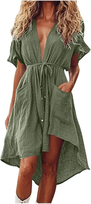 hlysgo Summer Dresses for Women Casual Loose Comfy Short Sleeve Beach Vacation Dress High-Low Hem V Neck Shirt Mini Dress