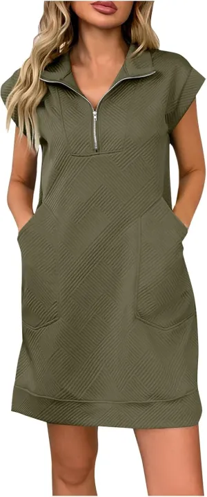 hlysgo Zipper Dresses for Women 2025 Summer Short Sleeve V Neck Mini Dress Cute Ladies Knee Length Casual Dress with Pockets