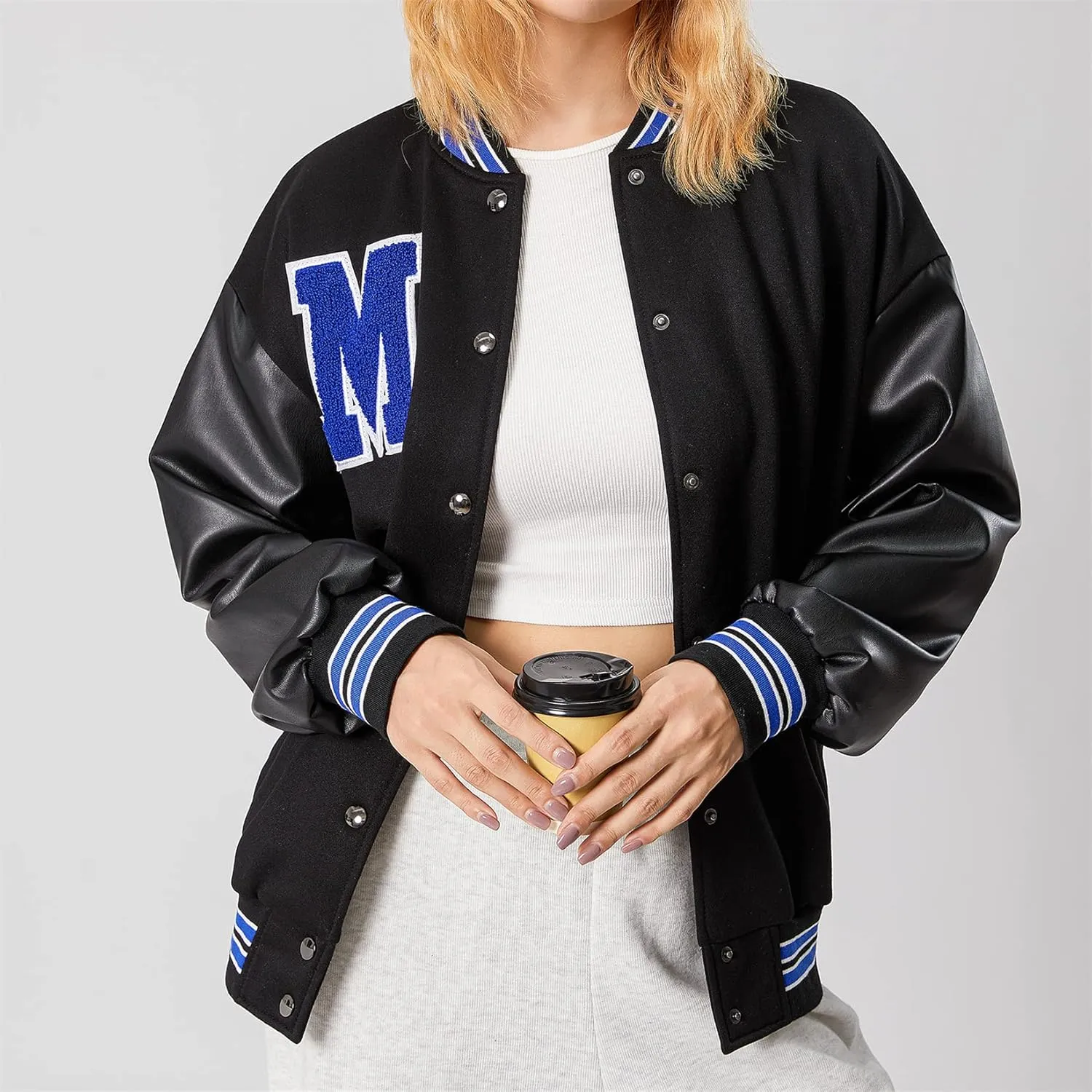 iTranyee Women's Vintage Varsity Jackets Retro Baseball Bomber Jackets Y2k Button Down Long Sleeve Oversized Coat Streetwear