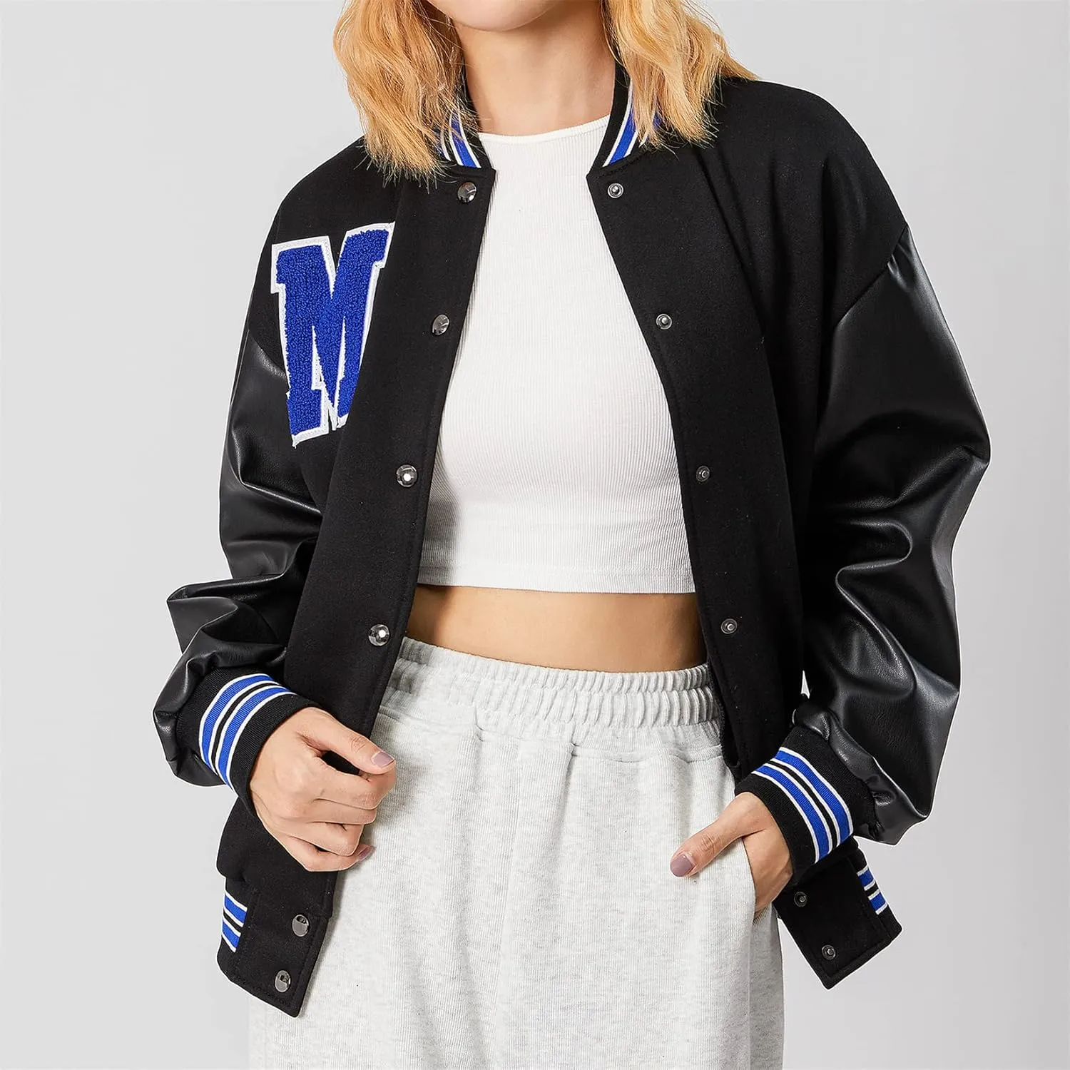 iTranyee Women's Vintage Varsity Jackets Retro Baseball Bomber Jackets Y2k Button Down Long Sleeve Oversized Coat Streetwear