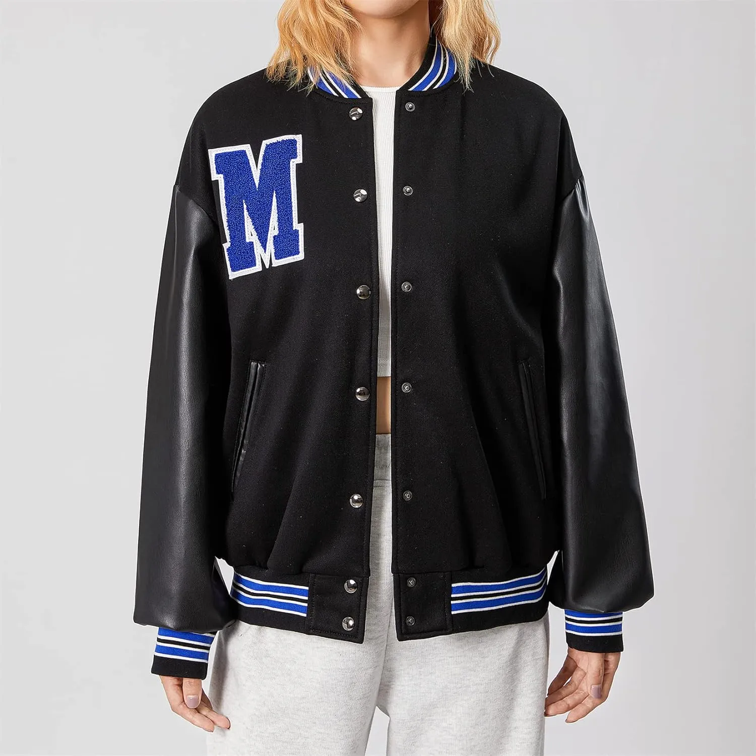 iTranyee Women's Vintage Varsity Jackets Retro Baseball Bomber Jackets Y2k Button Down Long Sleeve Oversized Coat Streetwear