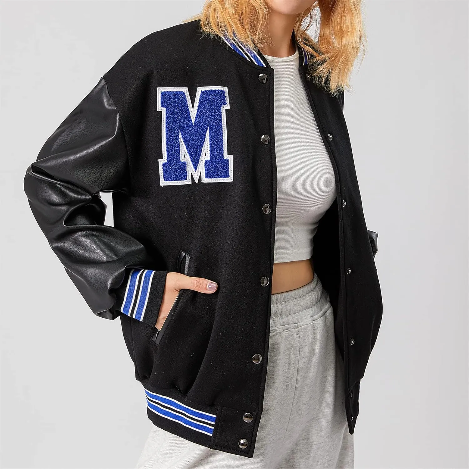 iTranyee Women's Vintage Varsity Jackets Retro Baseball Bomber Jackets Y2k Button Down Long Sleeve Oversized Coat Streetwear